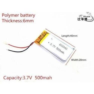 Imagem de Bateria 3,7v 500mah 6mm X 20mm X 40mm 602040 Com 2 Fios - bgb
