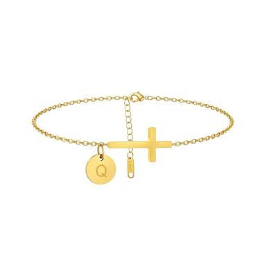 Imagem de Mauzew Tornozeleira feminina com inicial dourada delicada à prova d'água com cruz dourada personalizada A-Z Moeda Disco Letra Tornozelo Pulseira Verão Praia Joias Presentes Amizade, one size, Aço