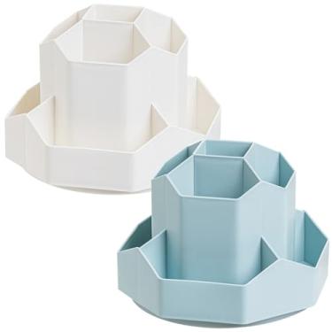 Imagem de Porta-lápis giratório de plástico com 9 grades, porta-lápis, multifuncional, suporte de pincéis de maquiagem de grande capacidade, organizador de artigos de papelaria para casa, escritório, bege