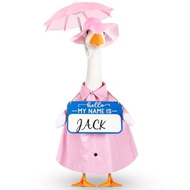 Imagem de Mindsoft 3 peças capa de chuva varanda ganso roupa de chuva guarda-chuva com nome personalizado placa de madeira para gramado cimento 58 cm estátua de ganso roupas ao ar livre pátio quintal decoração