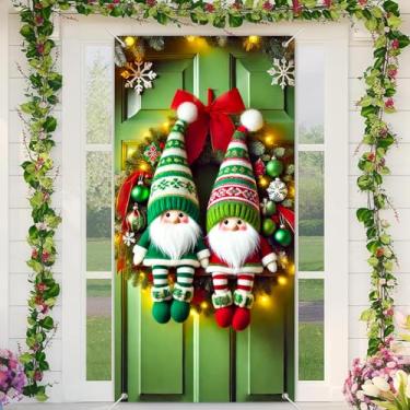 Imagem de BlissYard Faixa de porta de gnomo de Natal 35,4 x 70,8 polegadas para decoração de varanda frontal de inverno, decoração de elfo fofo para entrada de férias, capa de porta de Natal Candyland para uso