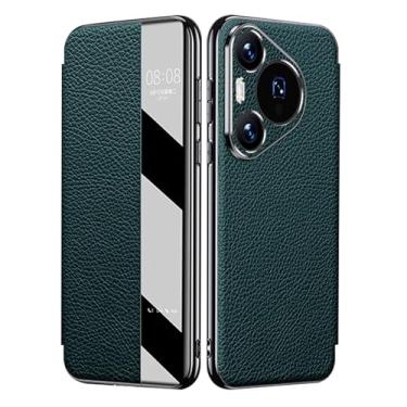 Imagem de HAOMRIYL Capa flip para Huawei Pura 80 Ultra/80 Pro +/80 Pro/80, Smart Clear View Window Capa de couro genuíno Capa de negócios de luxo, verde, 80 Pro