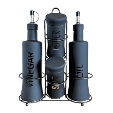 Imagem de Galheteiro Vidro Preto Vinagreiro Azeiteiro Saleiro Pimenteiro com Suporte 5 pçs