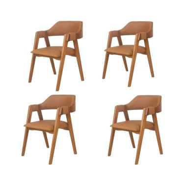 Imagem de Kit 4 Cadeiras de Madeira Eucalipto Encosto Anatômico com Apoio no Braço Dália Caramelo