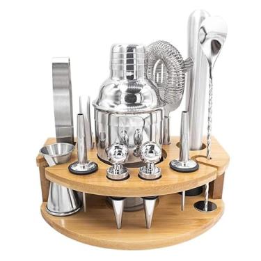 Imagem de ZZTWER Kit de barman com 12 peças, conjunto de coqueteleira de bartender, de aço inoxidável, com base de bambu giratória, ferramentas de acessórios para bar de mistura de bebidas, conjunto de