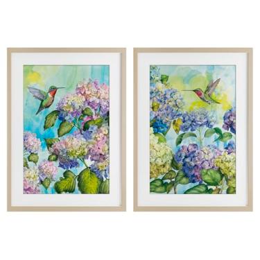 Imagem de Stupell Industries Beija-flores e hortênsias Impressão emoldurada de bétula de 2 peças por Tim Coffey, 20 x 14