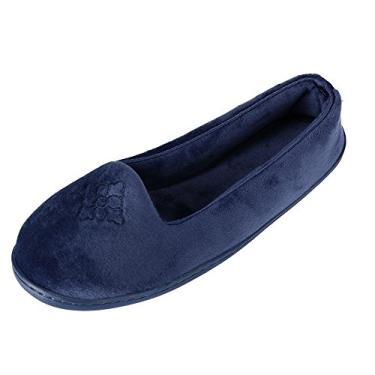Imagem de Dearfoams Pantufa feminina confortável de balé Rebecca com espuma viscoelástica para uso interno e costas fechadas com larguras amplas, Veludo Peacoat, 13-14