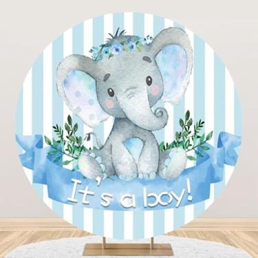 Imagem de Yeele 2 x 2 m elefante azul chá de bebê pano de fundo redondo listrado azul e branco floral revelação de gênero para meninos recém-nascidos revelar gênero revelar sexo decoração chá de bebê adereço de