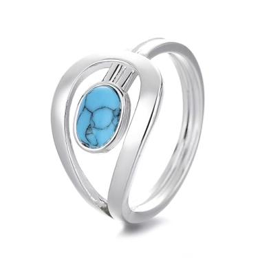 Imagem de Anel turquesa azul para mulheres, boho, simples, simples, linhas, geométricas, minimalistas, joias femininas, pedra oval, anéis empilháveis, presente moderno, Metal, Turquesa sintética