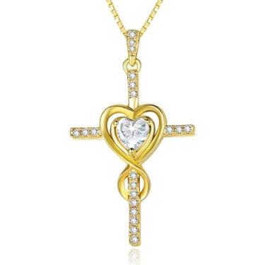 Imagem de CupidGift Colar de cruz para mulheres, banhado a ouro 14 K, pingente de pedra do mês de nascimento, pingente infinito de coração, joias religiosas, batismo cristão, fé, presentes de aniversário para