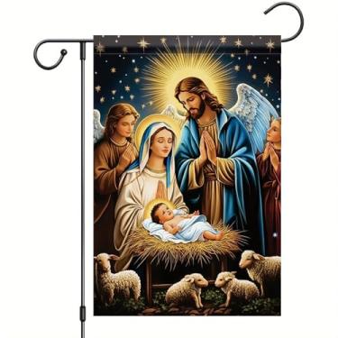 Imagem de Saoplasa Bandeira de jardim de Natal 30,5 x 45,7 cm, presépio de família sagrada com anjos e pastores, faixa de gramado para varanda para decoração de casa sazonal de férias