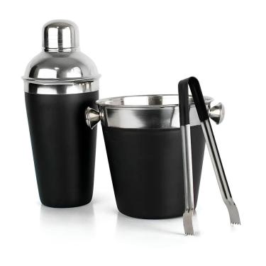 Imagem de Kit Conjunto Bar 3 Peças Coqueteleira Balde Pegador Inox Preto