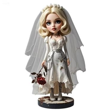 Imagem de Estatueta de noiva fantasma vintage com rosa vermelha e correntes - Presente gótico atemporal personalizado para colecionadores de terror clássicos e exibições de altares em casa