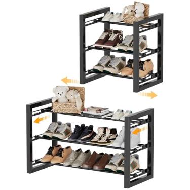 Imagem de Homeiju Sapateira expansível, prateleira de metal de 3 níveis, suporte ajustável para tênis, botas, saltos, organizador de sapatos de aço resistente para entrada, armário, quarto, preto