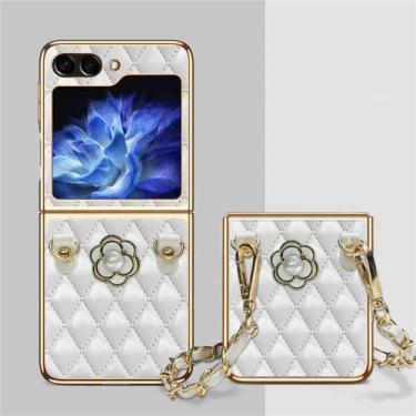 Imagem de Cortex diamante treliça 3d camélia capa de corrente de couro portátil para samsung galaxy z flip3 5g z flip4 zflip5 capa, b, para z flip 3