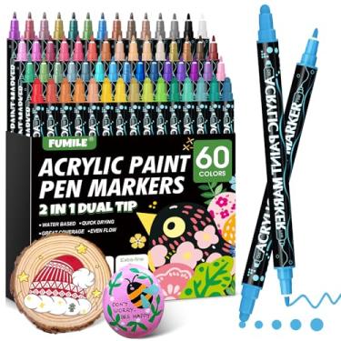 Imagem de FUMILE Marcador de tinta acrílica de 60 cores com ponta dupla (ponta fina e ponta), canetas de tinta marcadores de acrílico para madeira, rocha, plástico, vidro, cerâmica, tela. Conjunto de marcadores