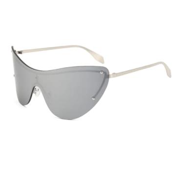 Imagem de Óculos de sol sem aro estilo olho de gato, peça única, para ciclismo ao ar livre, esportivo, proteção contra raios UV (PRATA)