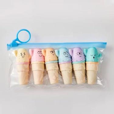 Imagem de ABC Marca Texto Decorativo em Formato de Sorvete, 6 Unidades, Cores Pastel, com Estojo Transparente, Design Kawaii com Expressões