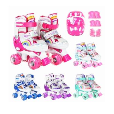 Imagem de Patins 4 Rodas Arco Iris Infantil Ajustável Led + Kit Proteção (Rosa, G - 37 AO 40)