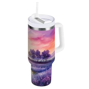 Imagem de Blueangle Copo isolado de 1,134 g com alça e tampa de canudo - Caneca de viagem de aço inoxidável à prova de vazamento, pôr do sol a vácuo de parede dupla em uma garrafa de água de campo roxo (923)
