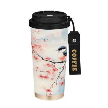 Imagem de SEHANY Caneca de café de viagem Flores e pássaros de 482 g com tampa revestida de cerâmica e à prova de vazamento, parede dupla, copo de aço inoxidável isolado a vácuo para bebidas quentes e frias