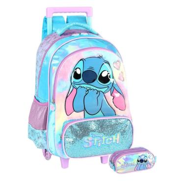 Imagem de Kit Escolar Lilo Stitch Luxo Mochila Rodas + Estojo Triplo