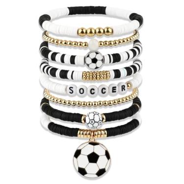 Imagem de ROLYTA Pacote com 8 pulseiras de futebol para mulheres, pulseiras esportivas empilháveis com contas para jogos de basquete e eventos de equipe, joias de fãs para brindes de festa