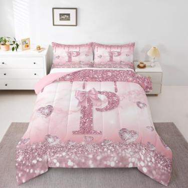 Imagem de Erosebridal Conjunto de edredom P com letras do alfabeto, monograma, laço rosa, tamanho solteiro, princesa, sonhadora, laço feminino, colcha para crianças, meninas, adolescentes, mulheres, edredom