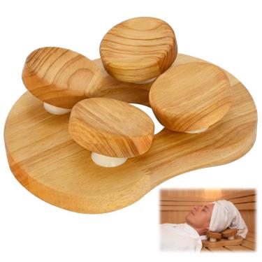 Imagem de lukar Apoio de cabeça de sauna de madeira, travesseiro de sauna com 4 superfícies côncavas, encosto de cabeça de sauna de 4 pontos com disco rotativo, travesseiro de madeira para pescoço rígido, dor