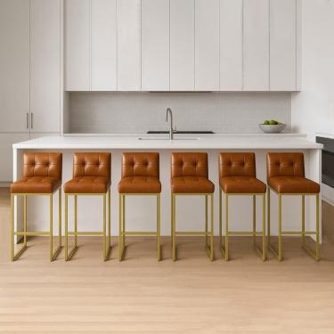 Imagem de Banqueta Cozinha Alta Com Encosto Industrial Kit 6 Dourado Lirina Pu C05 - D`rossi Cor Whisky