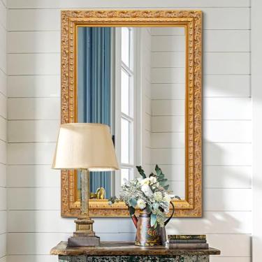 Imagem de Autdot Espelho decorativo de parede dourado vintage de 94 x 64 cm, moldura de madeira maciça com design em relevo, decoração de parede espelhada para entrada/banheiro/armário lateral