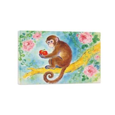 Imagem de BMZFYBS Arte de parede animal impressões em tela - macaco segurando frutas - decoração moderna pintura - imagens para casa pronto para pendurar 40 x 60 cm 16 x 24 polegadas tela embrulhada