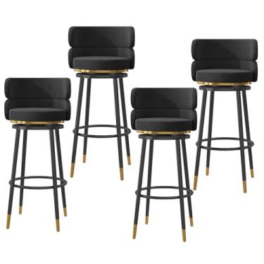 Imagem de Conjunto de bancos de bar estofados de veludo de 4,65 cm, banquetas giratórias com apoio para os pés e pernas de metal preto, bancos de jantar estofados de café da manhã com encosto alto, preto