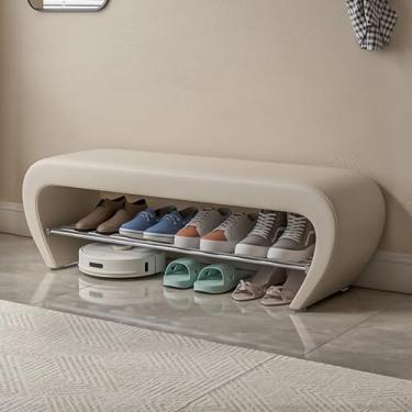 Imagem de Banco de sapateira com assento acolchoado, banco de armazenamento com prateleiras, organizador de armazenamento de sapatos, entrada de madeira, quarto, sala de estar, corredor, armário (branco, 60 x