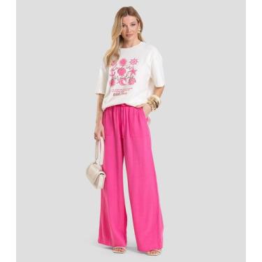 Imagem de Calça Pantalona Feminina em Linho Dianna Rosa, G, Rosa