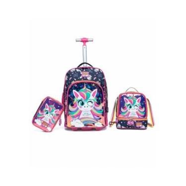 Imagem de Kit Mochila de Rodinha + Estojo + Lancheira Menina Escolar Infantil Espaçosa-Feminino
