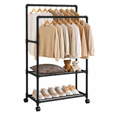 Imagem de Arara Organizadora de Roupas Dupla 2 Prateleiras Metal 56cm com 4 Rodízios 360 graus