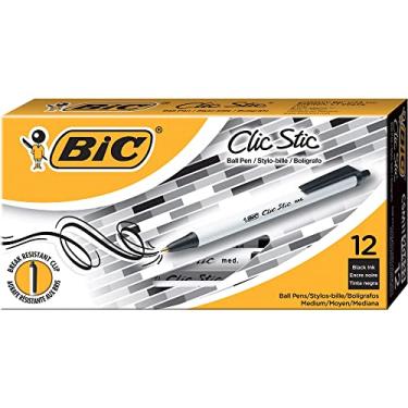 Imagem de Caixa de de 25 dúzias - Caneta esferográfica retrátil Bic Clic Stic Stic, ponta média, tinta preta/barril branco