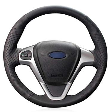 Imagem de TPHJRM Capas de volante de carro costuradas à mão faça você mesmo couro artificial preto macio, adequado para Ford Fiesta 2008-2013 Ecosport 2013-2016
