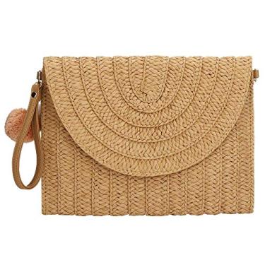 Imagem de YYW Bolsa feminina de palha clutch verão noite bolsa de praia bolsa de palha de tecido envelope clutch, Caqui, One Size