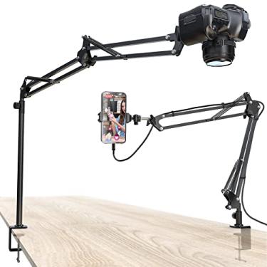 Imagem de CACENCAN Suporte para câmera suspensa, rolamento de carga horizontal de 2,3 kg, suporte ajustável de 360° para mesa, flexível com braçadeira de telefone, suporte de mesa para câmera/webcam/microfone