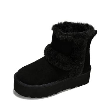 Imagem de Project Cloud Botas de plataforma femininas – Bota moderna de camurça genuína premium com gola de lã decorada – Palmilha de espuma viscoelástica – Bota de cano curto resistente à água para uso interno e externo (Furby), Preto, 5.5