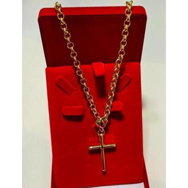 Imagem de Colar Corrente Elos Português Feminino com Pingente Cruz Crucifixo Peq