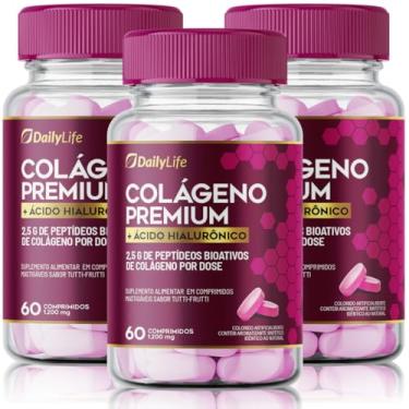 Imagem de Kit 3x Colageno Premium Hidrolisado Collagen + Acido Hialuronico 100mg Proteina Pele Cabelo Unha 60 Comprimidos Mastigaveis Sabor Tutti Frutti - Daily Life