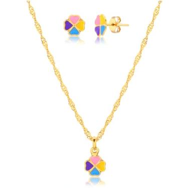 Imagem de Conjunto Infantil Banhado a Ouro 18K Colar Com Pingente e Brinco - Trevo em Resina