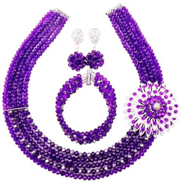 Imagem de Conjunto de joias com miçangas nigerianas aczuv 5 fileiras, colar e brincos de cristal com contas de casamento africanas 18 inches first layer