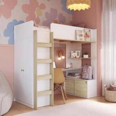 Imagem de Cama Infantil Elevada Multifuncional Solteiro com Colchão, Armário, Escrivanunha, Cabideiro e Prateleira Menino Menina
