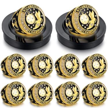 Imagem de Highergo 10 anéis de campeonato de basquete futebol beisebol com corrente de pescoço de exibição e suporte boliche MVP futebol vôlei campeão troféu anéis para presente de prêmio de torneio (ouro,