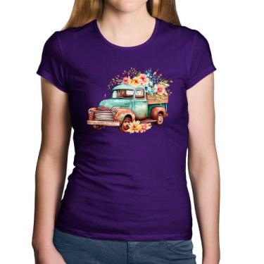 Imagem de Baby Look Algodão Caminhão Vintage e Flores - Foca na Moda, Roxo, P