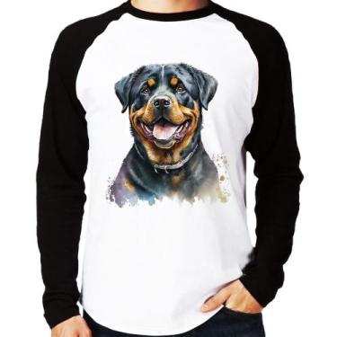 Imagem de Camiseta Raglan Cachorro Rottweiler Manga Longa - Foca na Moda, Branco